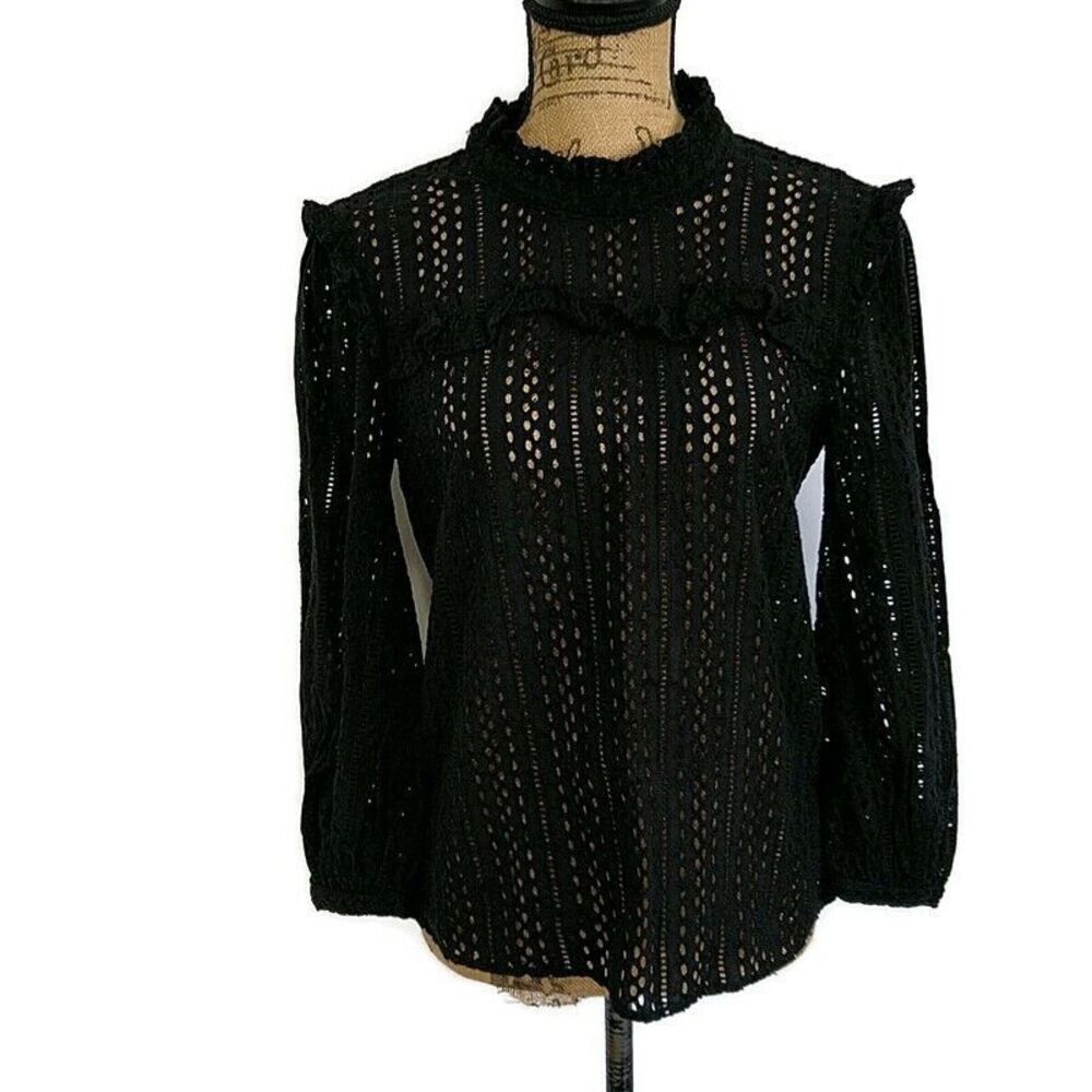 Madewell Womens sz XS Top Black Eyelet Keyhole Tie‎ Back Long Sleeve